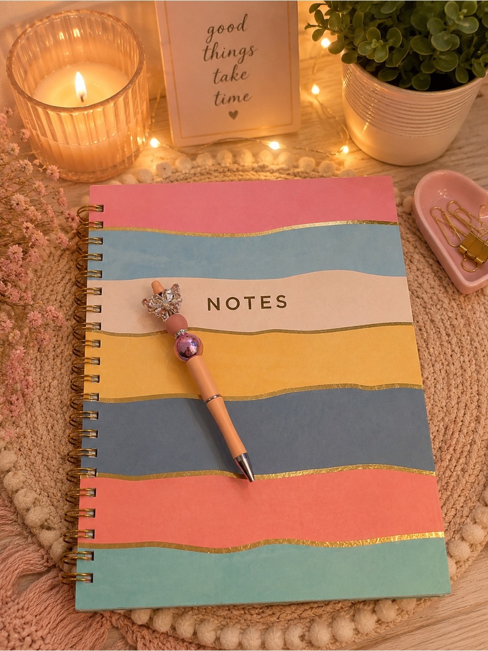 Handmade bead and rhinestone butterfly pen with hardcover notebook NEW